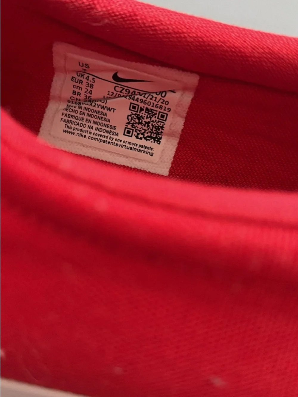 Nike Red Shoe Inner Collar with Size Label
